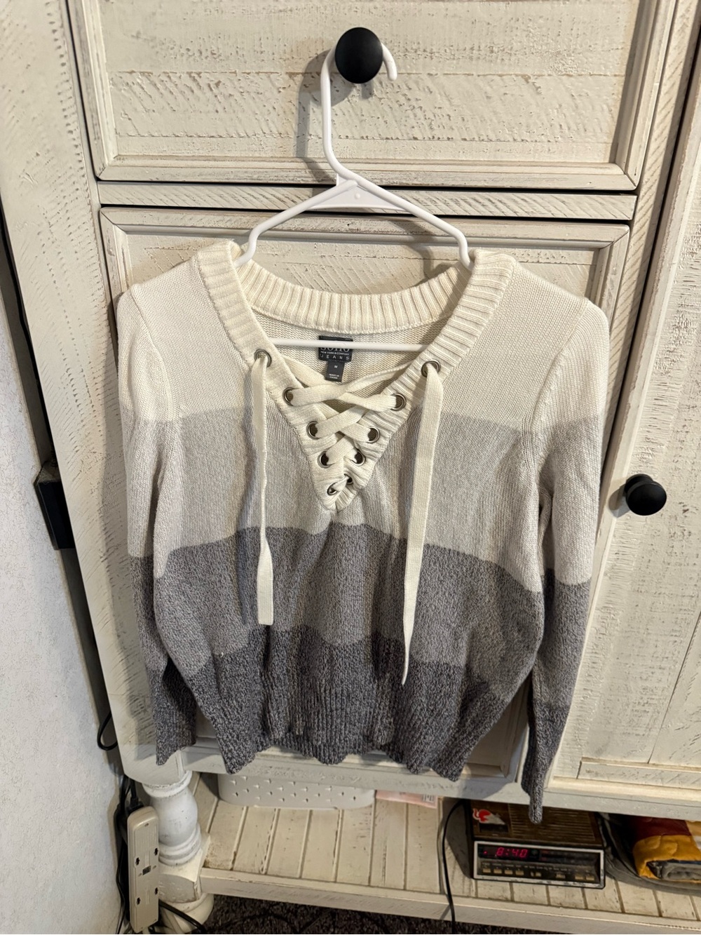 Soho Lace-Up V-Neck Sweater - Cream, Light Gray & Dark Gray
